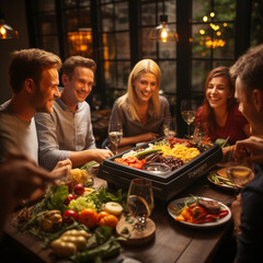 A vibrant scene shows a group of friends sharing the joy of raclette on a terrace. The grill stands in the center of the table surrounded by fresh ingredients and smiling faces. 