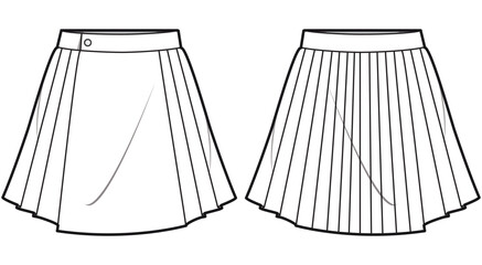 Button wrap kilt Skirt flat sketch fashion illustration drawing with front and back view, Pleated Mini skirt design cad vector template - obrazy, fototapety, plakaty