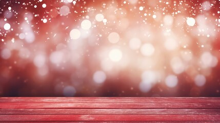 Wooden background with snow and red lights, in the style of spectacular backdrops