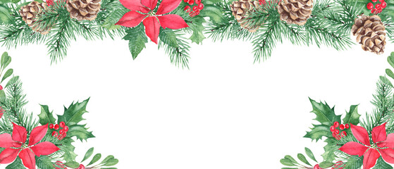 Horizontal watercolor Christmas border, frame. Hand drawn illustration. Pine cone and branches, Holly plant with red berries. Poinsettia with Cowberry, lingonberry.
