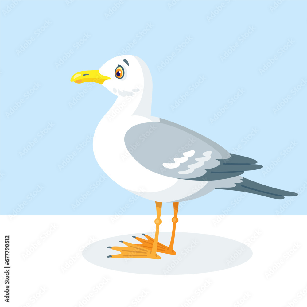 Sticker One cute white seagull sits. In cartoon style. Isolated on blue background. Vector flat illustration