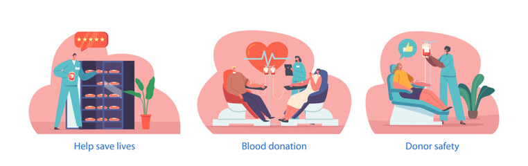 Isolated Vector Elements With Selfless Characters Donate Blood To Save Lives, Contributing To Healthcare And Emergency - obrazy, fototapety, plakaty