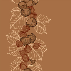 Vertical seamless pattern of hazelnuts with leaves. Color vector illustration with contour lines on a brown background.