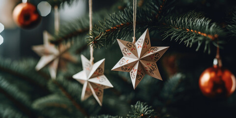 Ecological toys, Paper handmade stars on Christmas tree, Christmas background with free space for text