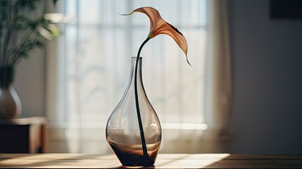  a glass vase with a flower in it on a table in front of a window with sunlight streaming through it.