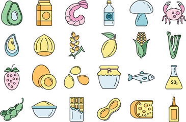 Bio product allergy icons set. Outline set of bio product allergy vector icons thin line color flat on white