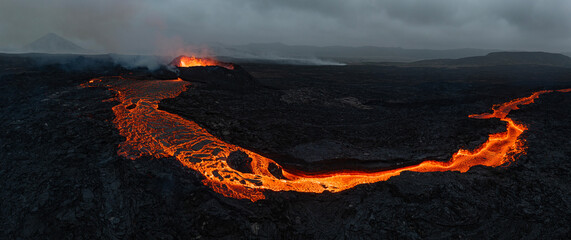 Beautiful aerial panoramatic view of active volcano, Litli - Hrutur, Iceland 2023 - 677791185
