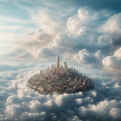 A modern city encircled by clouds.