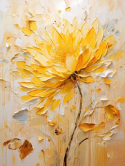 Abstract oil painting Yellow petals, flowers with gold lines, palette knife