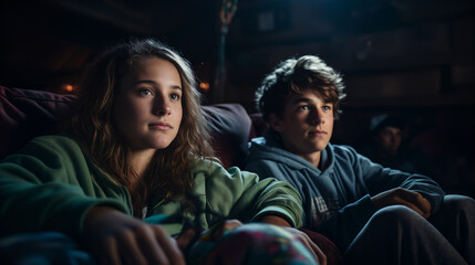 Portrait of a boy and girl watching a movie in the cinema. AI Generative