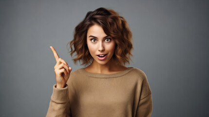 Surprised young woman in beige sweater pointing with finger up. AI Generative