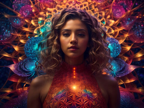 Young woman starseed with glowing, opened heart chakra, crystal child representing awakening, enlightenment.  Flower of life and sacred geometry frame, mindfulness, consciousness, new age concept.
