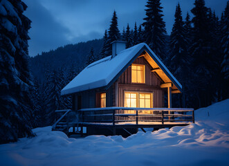 a small cabin in a winter white forest lit up at night