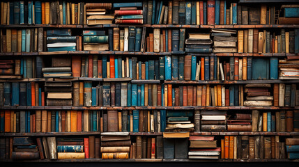 Old bookshelf with many old books in the library. Vintage background. AI Generative