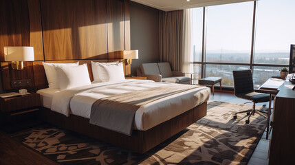 Fototapeta na wymiar Luxury hotel bedroom interior design with bed, lamp and decoration. Generative AI