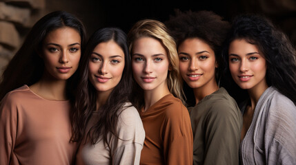 Obraz premium Portrait beautiful multiethnic women in beige clothes looking at camera. AI Generative