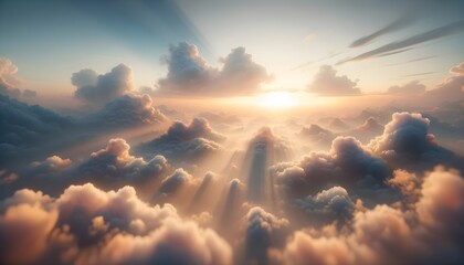 Sunbeams radiate through a soft, ethereal blanket of clouds during a majestic sunrise, with the warm glow of the sun illuminating the sky. - obrazy, fototapety, plakaty