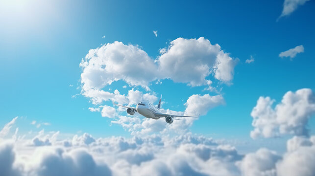 An airplane flies through a white heart-shaped cloud in a clear blue sky. Valentine's Day concept, holiday card, valentines