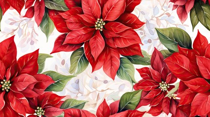  a painting of red poinsettias with green leaves and white flowers on a white background with a pattern of green leaves and red poinsettias on a white background.