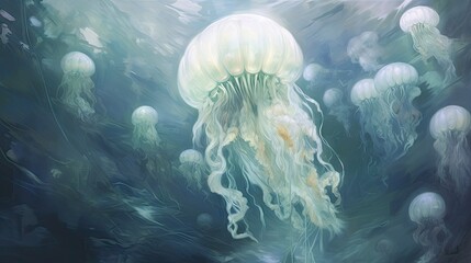  a painting of a group of jellyfish floating in the ocean with blue and green water in the foreground. - obrazy, fototapety, plakaty