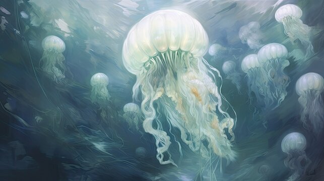  a painting of a group of jellyfish floating in the ocean with blue and green water in the foreground.