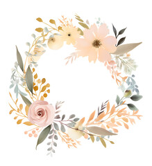 Fototapeta na wymiar a watercolor wreath made from flowers and leaves on white background