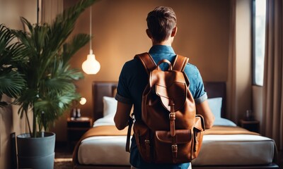 Happy backpacker traveler stay in high quality hotel looking at scenic beautiful landscape, spring or summer morning, back view - obrazy, fototapety, plakaty