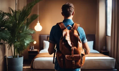 Foto op Canvas Happy backpacker traveler stay in high quality hotel looking at scenic beautiful landscape, spring or summer morning, back view © useful pictures