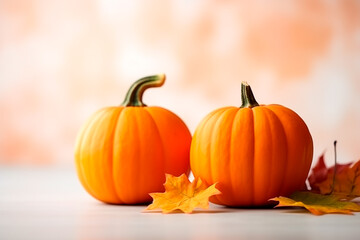 Obraz premium Autumn ambiance: Orange pumpkins and fall leaves on a light surface, creating a warm and seasonal background.
