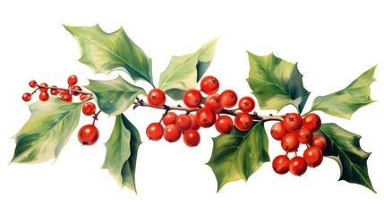  a branch of holly with red berries and green leaves painted in watercolor by hand on a white paper background.