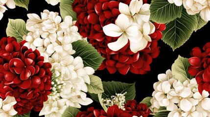  a bunch of red and white flowers with green leaves on a black background with white and red flowers on a black background.