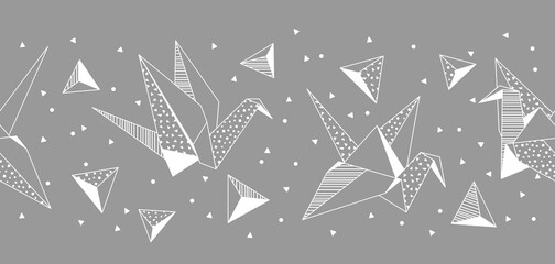 Pattern with origami cranes. Paper symbolic decorative objects. - obrazy, fototapety, plakaty