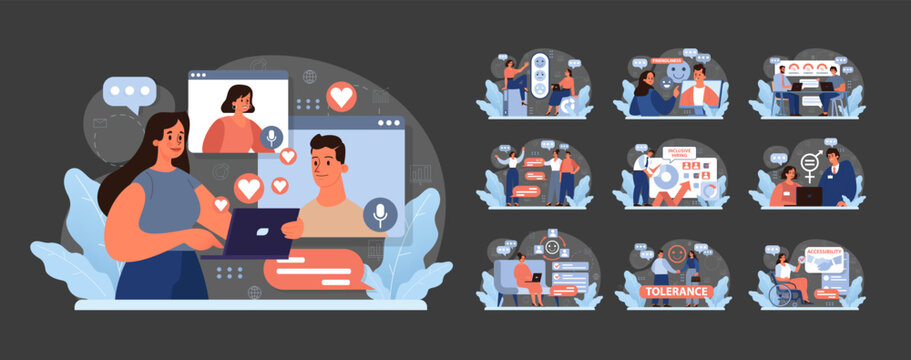Workplace inclusion set. Diverse teams collaborate, virtual meetings, accessible environments. Inclusive hiring practices, promoting tolerance. Employee friendliness and engagement. Flat vector