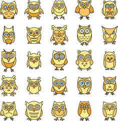 Wild owl icons set. Outline set of wild owl vector icons thin line color flat on white