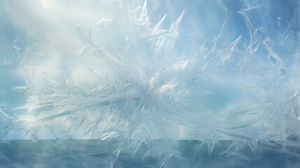 Obraz premium a close up of a frosted window with a blue sky in the background and water in the foreground.