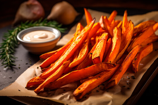 Homemade oven-roasted sweet potato fries served with mayo and ketchup. Bright image. 