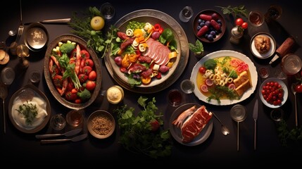  a table topped with plates of food next to bowls of fruit and a plate of meat and veggies.