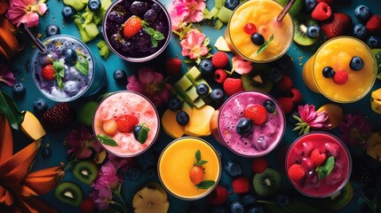  a table topped with bowls of fruit and a bowl of yogurt next to a bowl of berries and kiwis. - obrazy, fototapety, plakaty