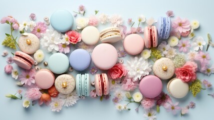  macaroons, macaroons, and flowers on a blue background with pink and white daisies and daisies.