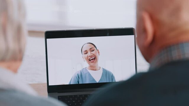 Video call, laptop and doctor with senior couple for healthcare support, virtual advice and telehealth service. Medical woman or nurse talking to elderly patient on computer screen for home questions
