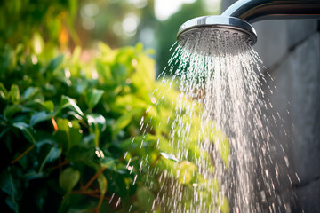 Capturing frozen water movement: Outdoor shower with plants, water flowing from the showerhead. Bright image. - obrazy, fototapety, plakaty