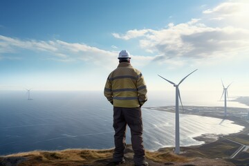 Worker on top of an offshore wind turbine - obrazy, fototapety, plakaty