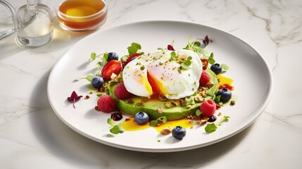  a white plate topped with a poached egg surrounded by berries and avocado next to a cup of tea.