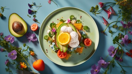  a plate of food with oranges, avocado, eggs, and other fruits on a blue surface.