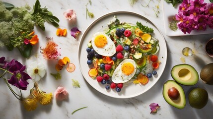  a white plate topped with a salad covered in hard boiled eggs surrounded by flowers and avocado's.