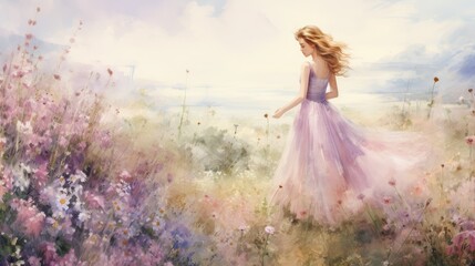  a painting of a woman in a purple dress walking through a field of flowers with a blue sky in the background.