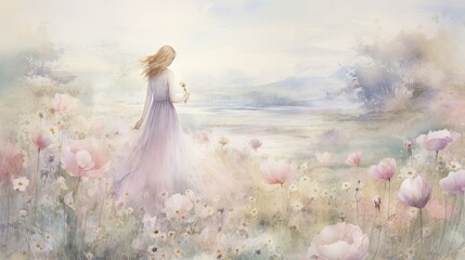  a painting of a woman in a white dress walking through a field of flowers with a bird in her hand.