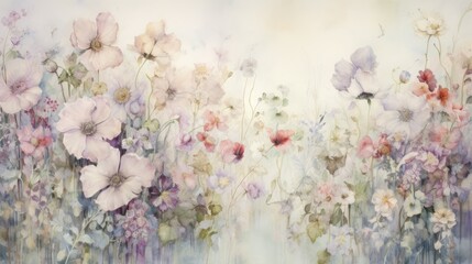  a painting of a bunch of flowers on a white and blue background with a light blue sky in the background.