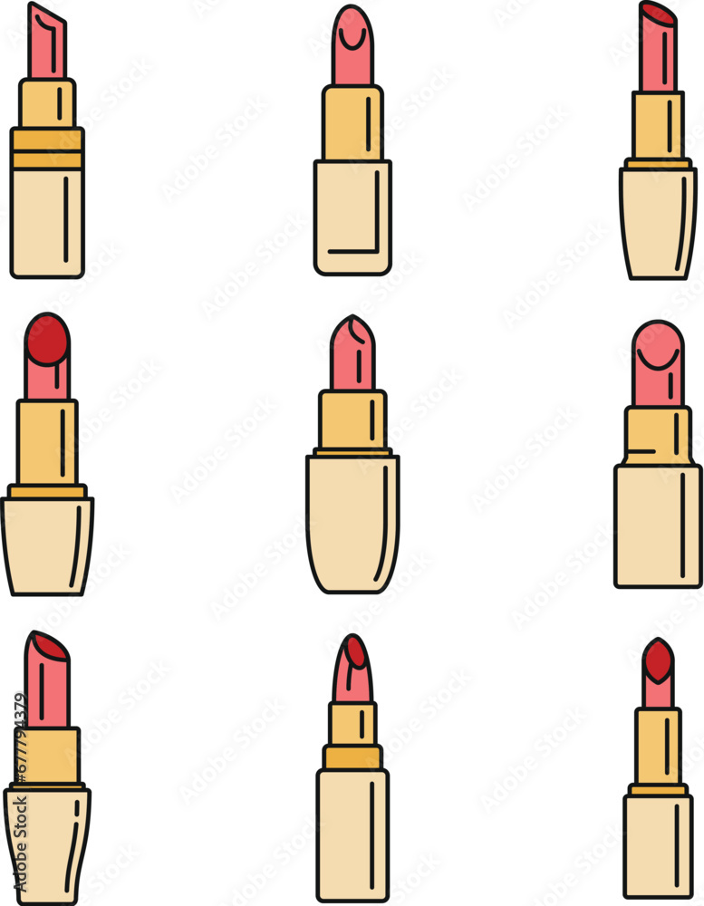 Poster luxury lipstick icons set. outline set of luxury lipstick vector icons thin line color flat on white