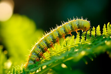 Macro shot of a caterpillar on a fern leaf spiral in nature, basking in the sunlight against a green background. Bright image. 